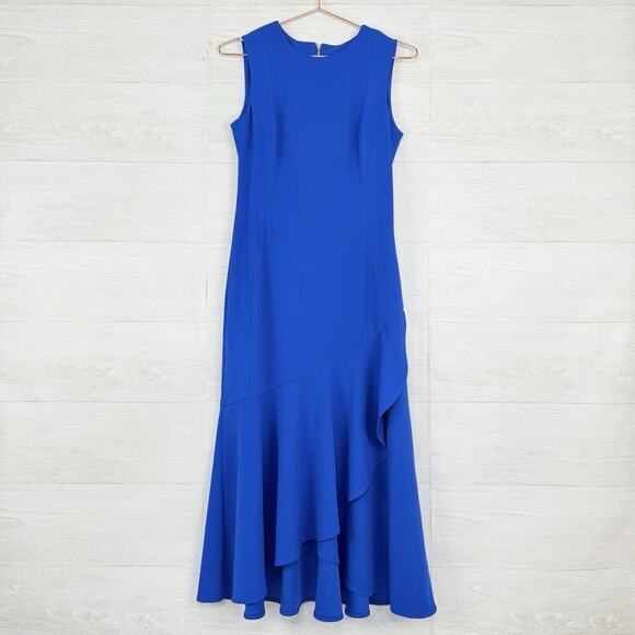 NWT Calvin Klein Midi Sheath Dress Size 4 Royal Blue Ruffle Hem Stretch Cocktail - Picture 15 of 16